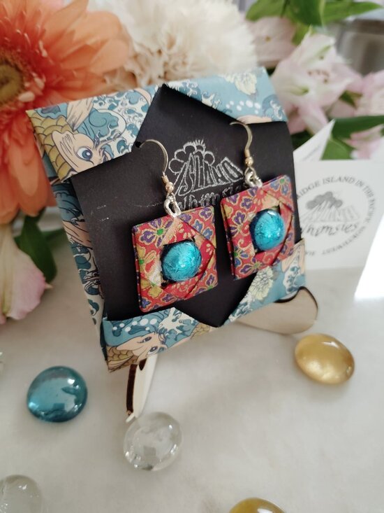 Island Whimsies Jewelry - Red Origami Paper Earrings with Blue Murano Glass Cab, Handmade OAK